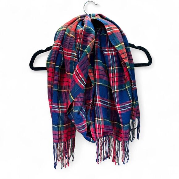 Talbots 100% Wool Red & Navy Tartan Plaid Oversized Fringe Scarf / Wrap - Picture 1 of 6